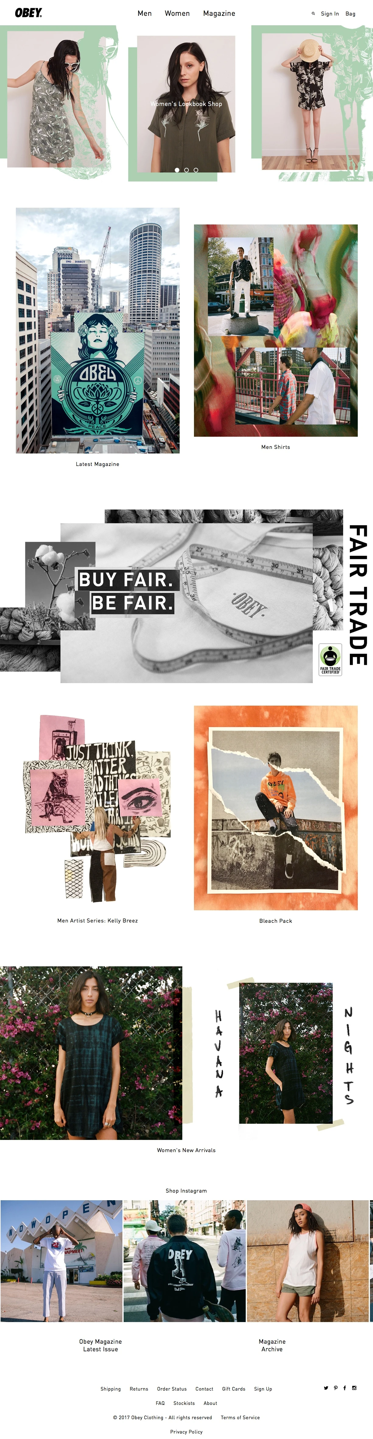 Obey Clothing Landing Page Example: A mix of progressive design in apparel and classic streetwear. Based on the design of artist & designer Shepard Fairey.