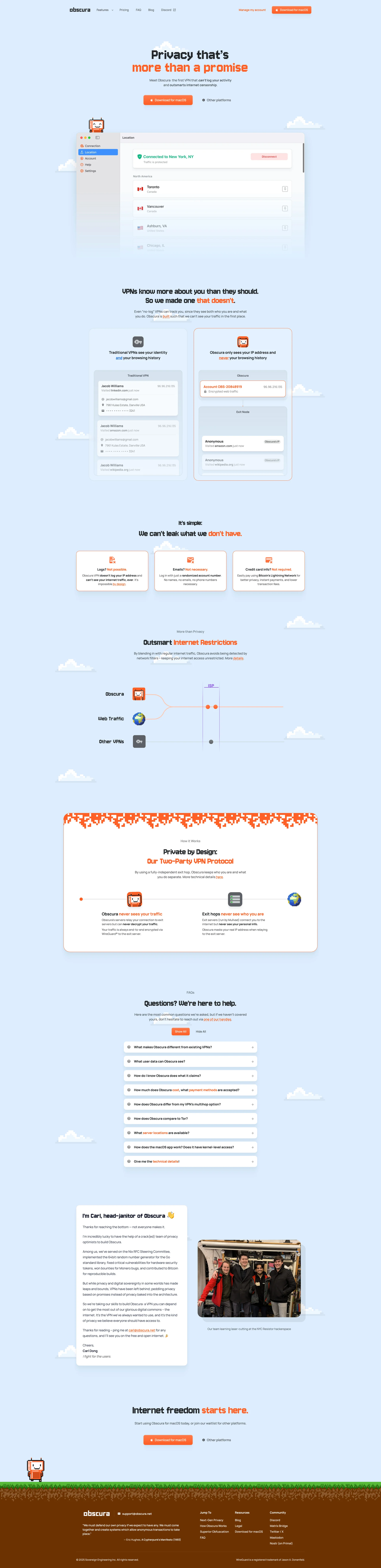 Obscura VPN Landing Page Example: Privacy that’s more than a promise. Meet Obscura: the first VPN that can’t log your activity and outsmarts internet censorship.