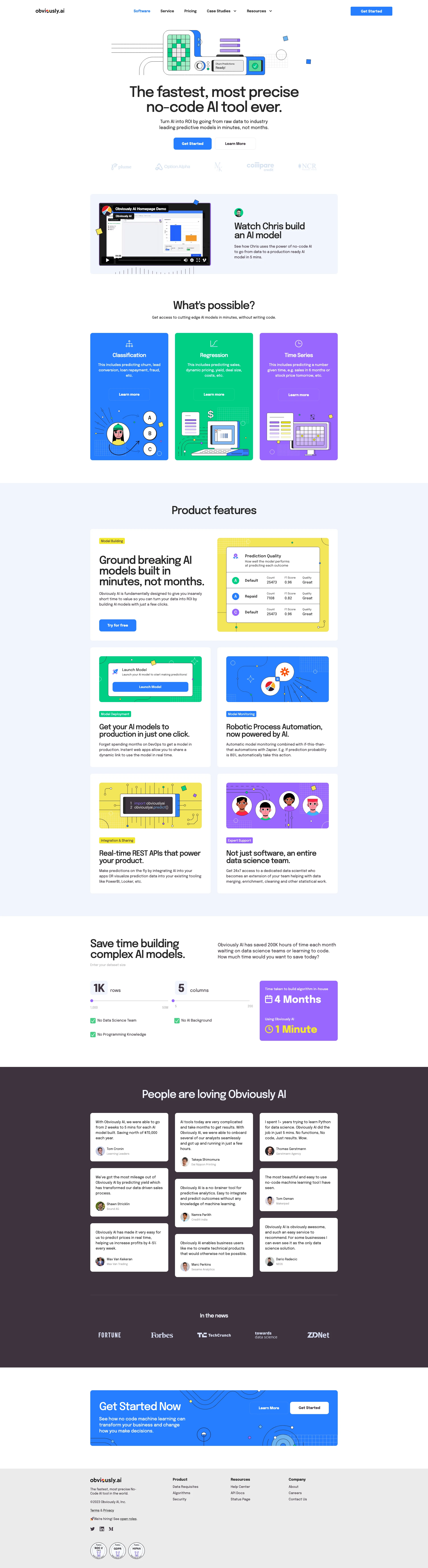 Obviously AI Landing Page Example: The fastest, most precise no-code AI tool ever. Turn AI into ROI by going from raw data to industry leading predictive models in minutes, not months.