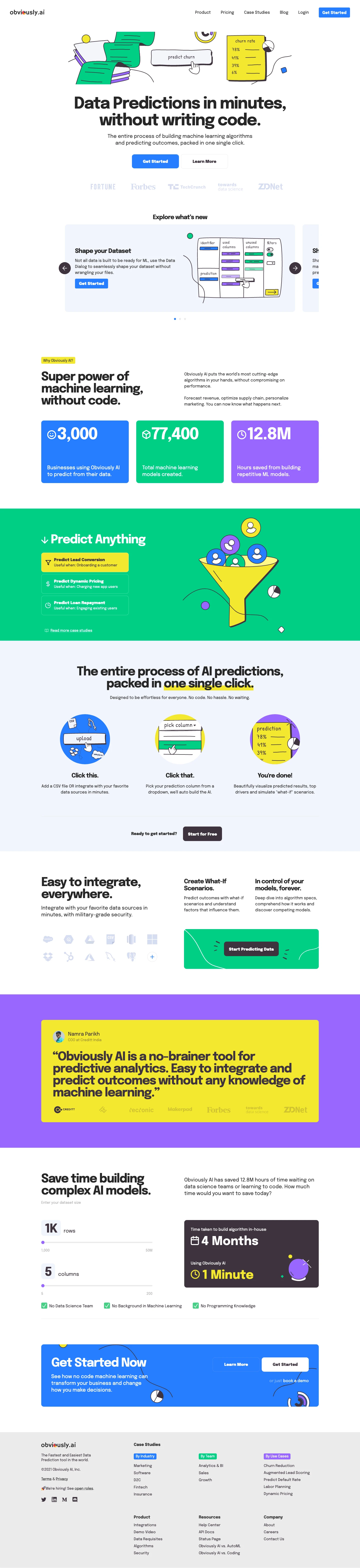Obviously AI Landing Page Example: Data predictions in minutes, without writing code. The entire process of building machine learning algorithms and predicting outcomes, packed in one single click.