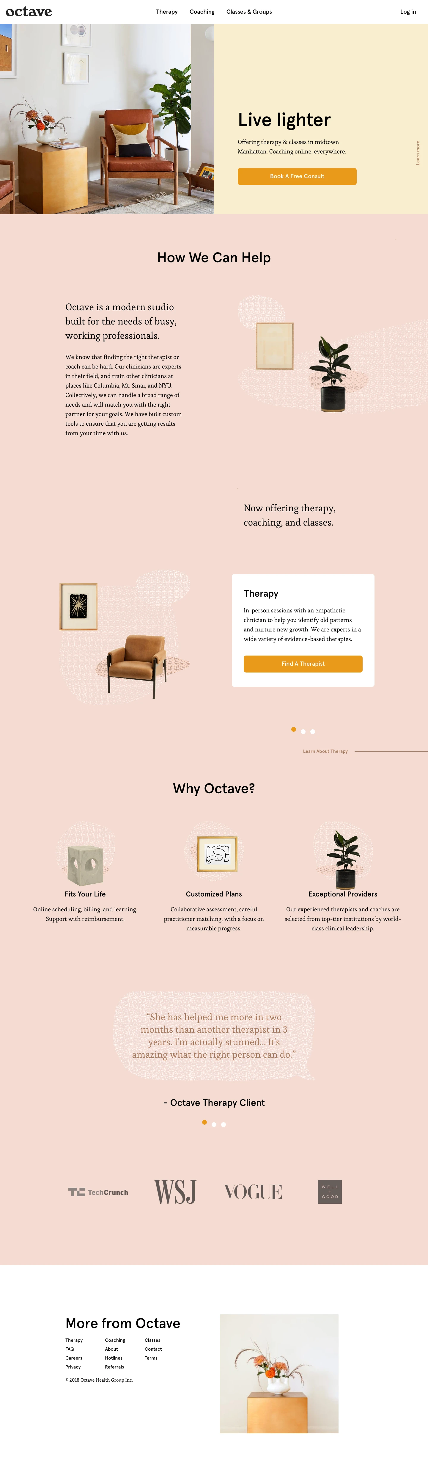 Octave Landing Page Example: Octave is a new, evidence-based therapy practice and wellness community based in NYC, and built by experts in clinical psychology and mindfulness.