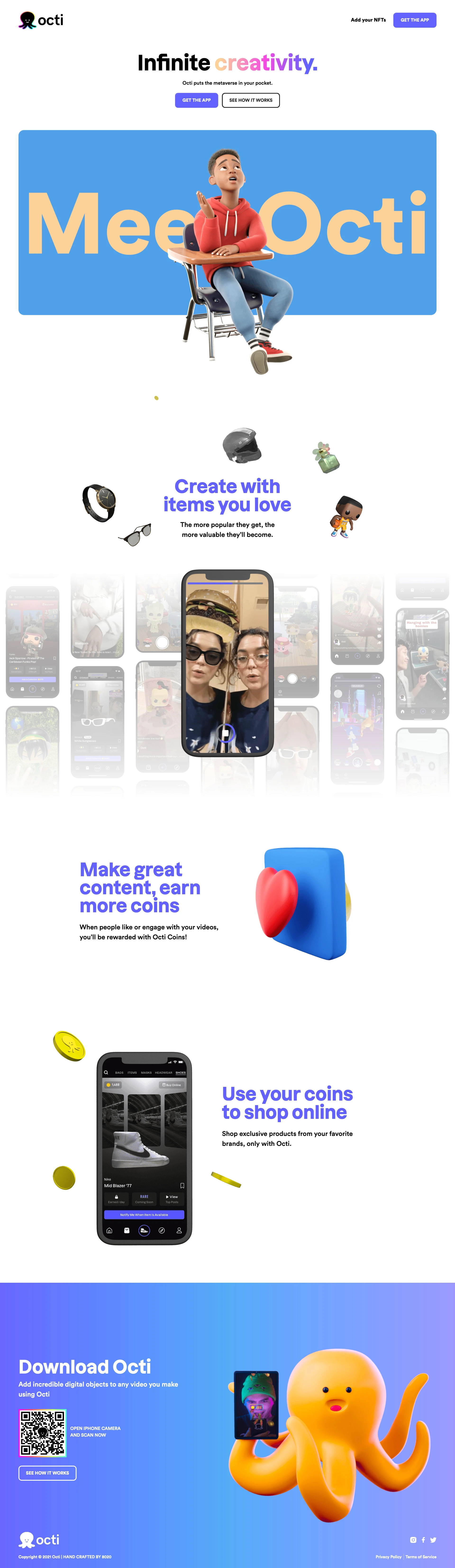 Octi Landing Page Example: Use Octi to add cool digital objects and backdrops to any video you create.