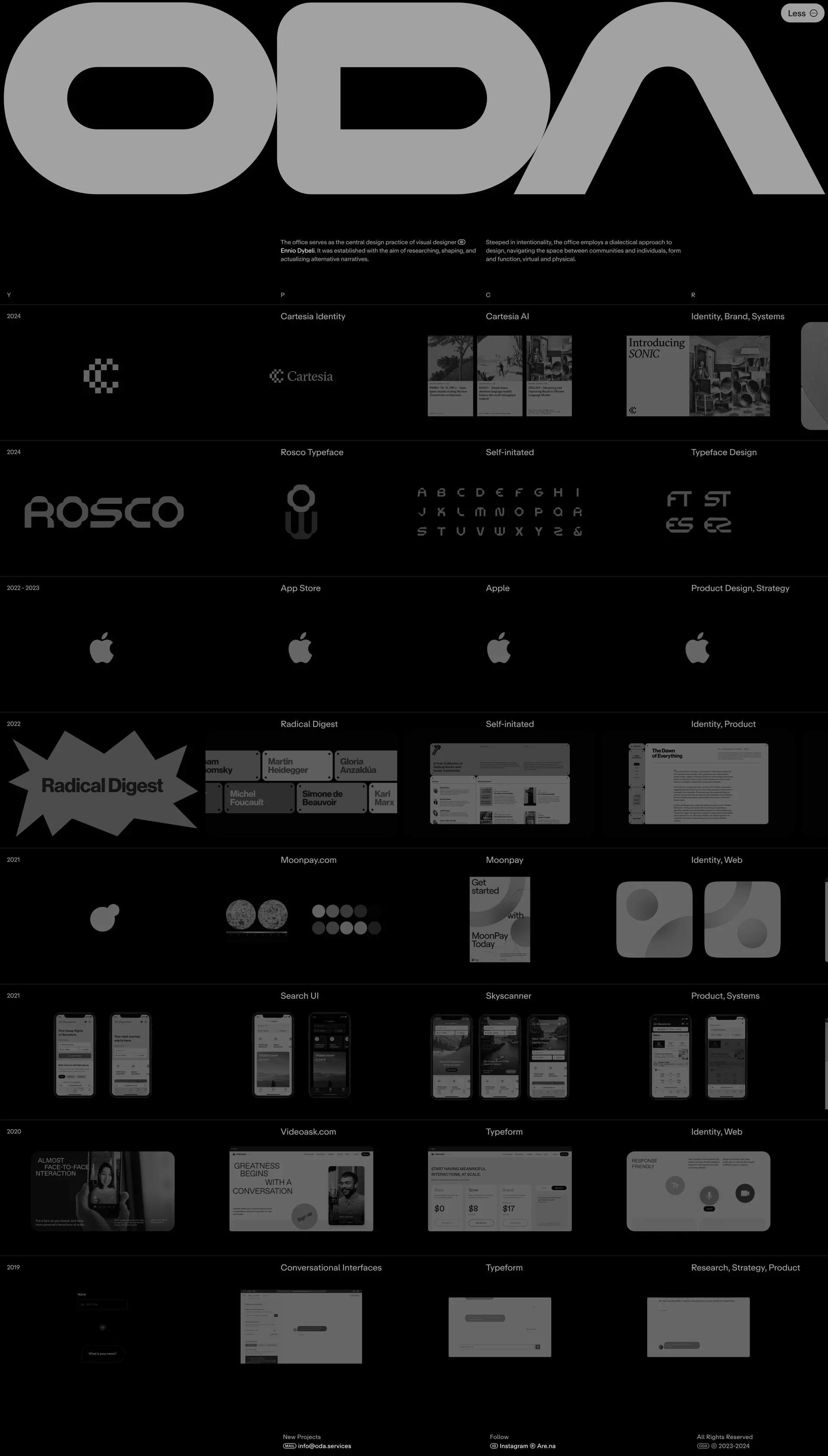 ODA Landing Page Example: The office serves as the central design practice of visual designer ID Ennio Dybeli. It was established with the aim of researching, shaping, and actualizing alternative narratives.