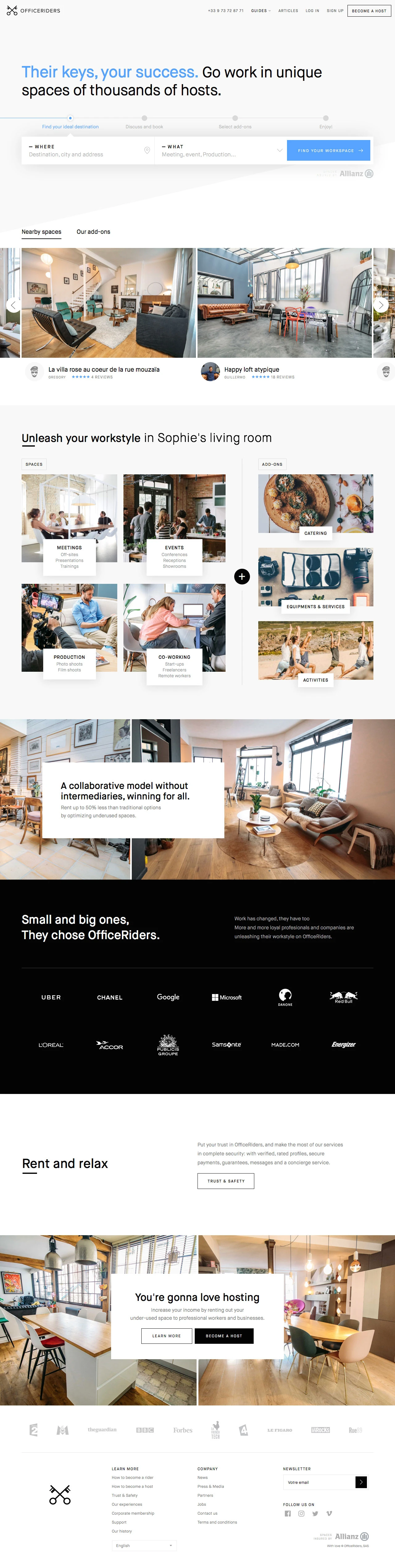 OfficeRiders Landing Page Example: OfficeRiders allows professionals and businesses everywhere to benefit from under-used space in private spaces.