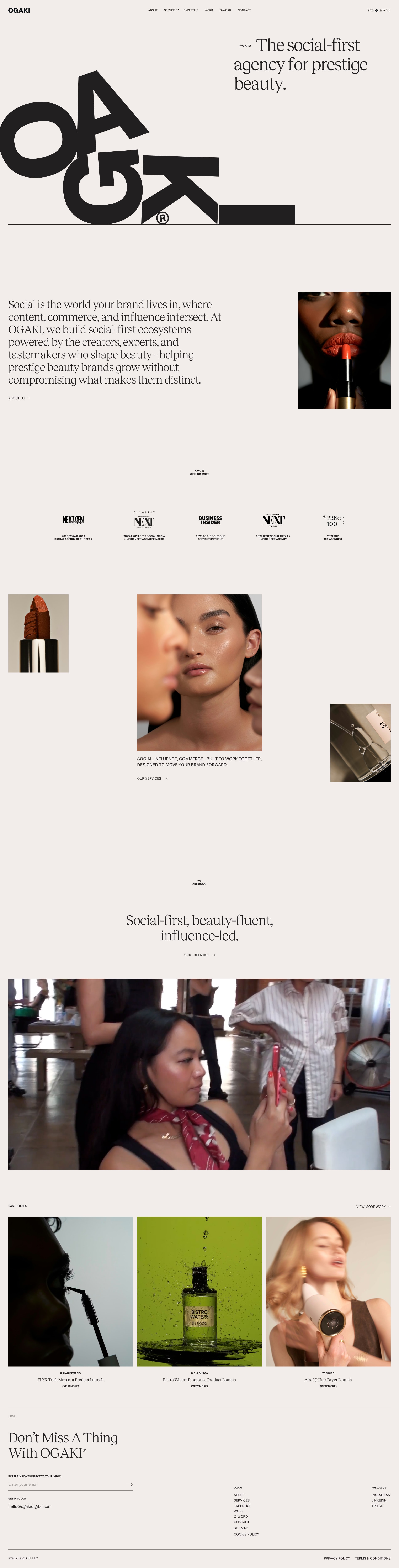 Ogaki Digital Landing Page Example: OGAKI is the leading social-first agency for prestige beauty brands.