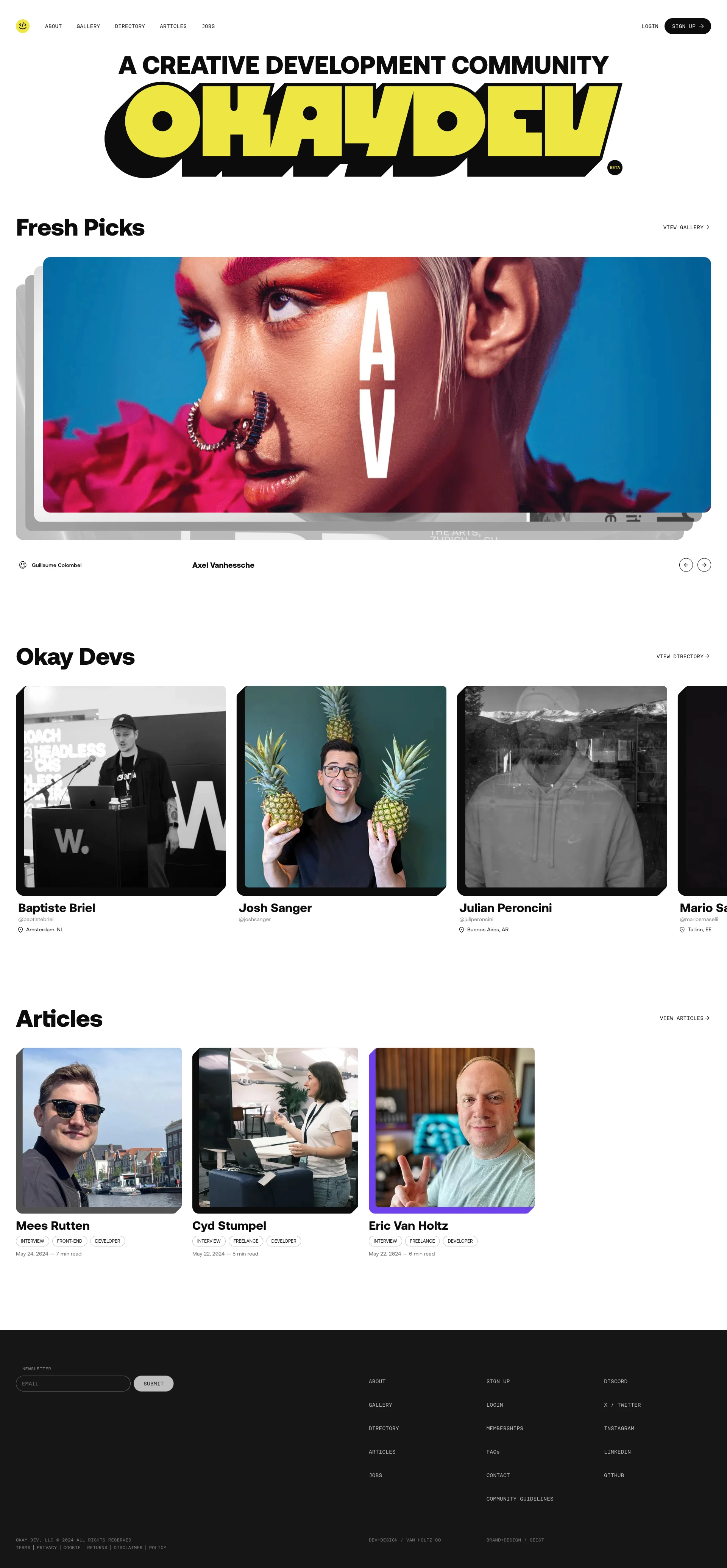 Okay Dev Landing Page Example: A creative development community. While many portfolio sites prioritize designers, Okay Dev focuses on the innovative, interactive work of developers. Explore live projects that go beyond just the visual, expand your network, celebrate launches, and draw inspiration from industry leaders.