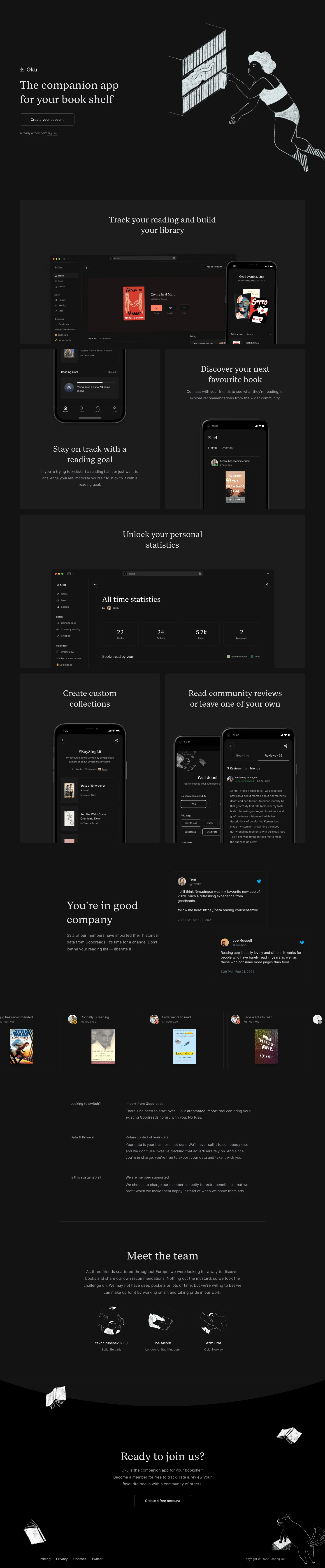 Oku Landing Page Example: The companion app for your book shelf. Collect, rate & discover books with your friends.