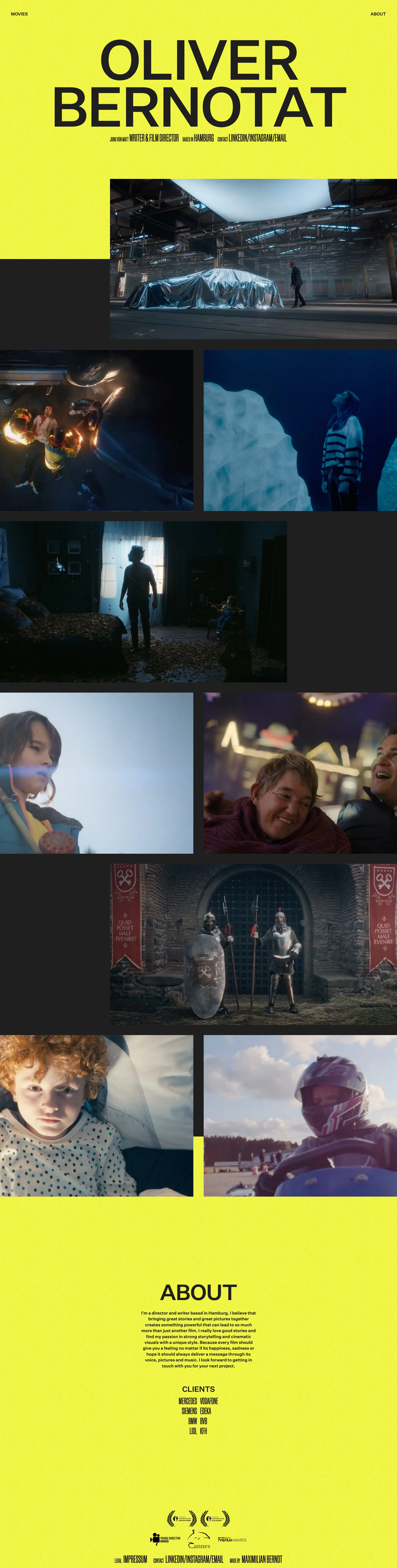 Oliver Bernotat Landing Page Example: Director and filmmaker based in Hamburg. I believe that bringing great stories and great pictures together creates something really powerful that can lead to so much more.
