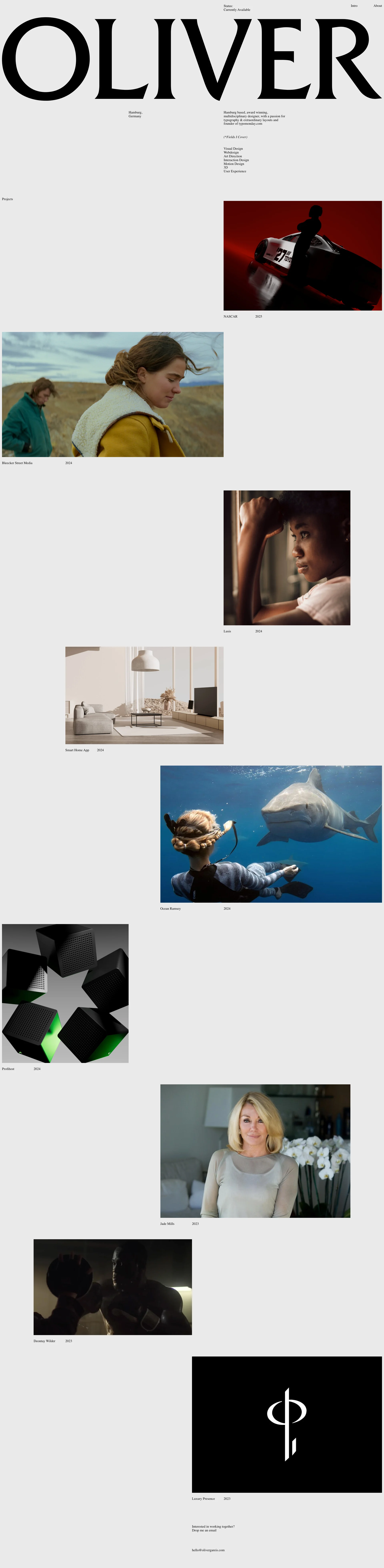 Oliver Gareis Landing Page Example: Hamburg based, award winning, multidisciplinary designer, with a passion for typography & extraordinary layouts and founder of typomonday.com