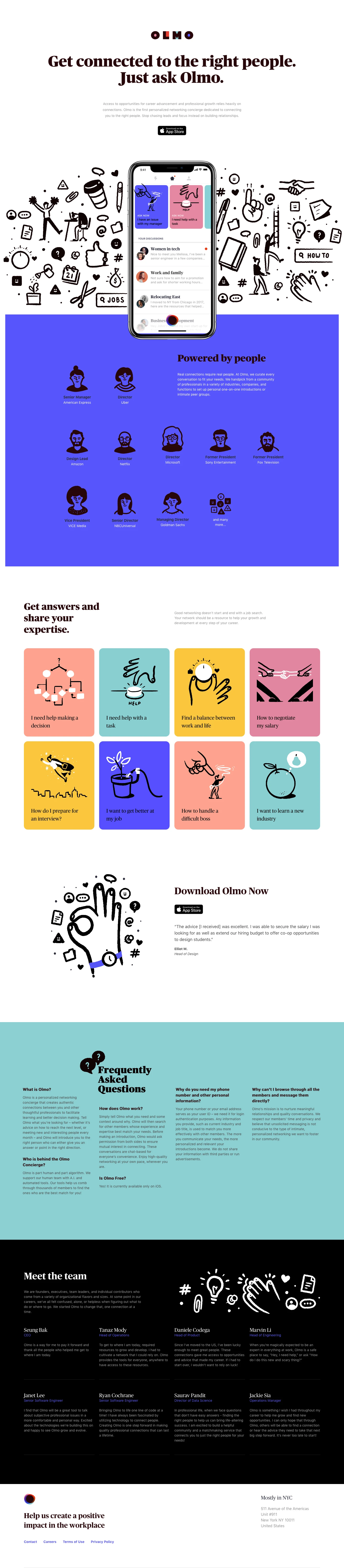Olmo Landing Page Example: Join Olmo to upgrade your professional network. It’s simple; ask a question and we’ll introduce you to people with the right experience who are willing to help.