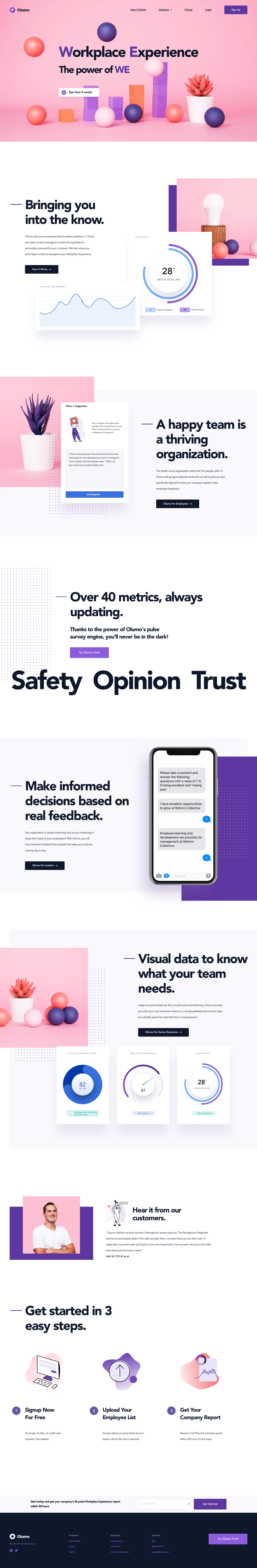 Olumo Landing Page Example: Olumo pulse surveys allow businesses to stay on top of their organization.  By leveraging SMS, Olumo campaigns see some of the highest daily response rates of any system.