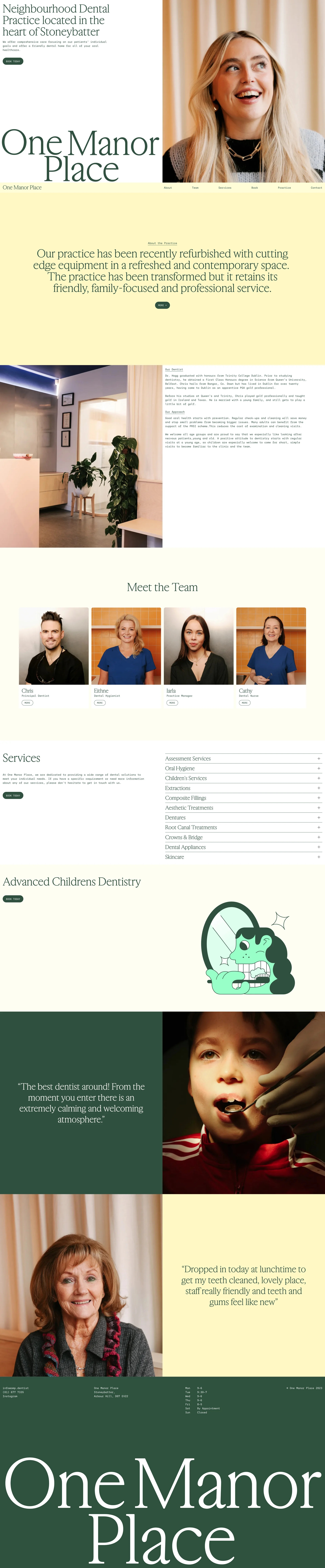 One Manor Place Landing Page Example: Neighbourhood dentist located in the heart of Stoneybatter. We offer comprehensive care focusing on our patients’ individual goals and offer a friendly dental home for all of your oral health needs.