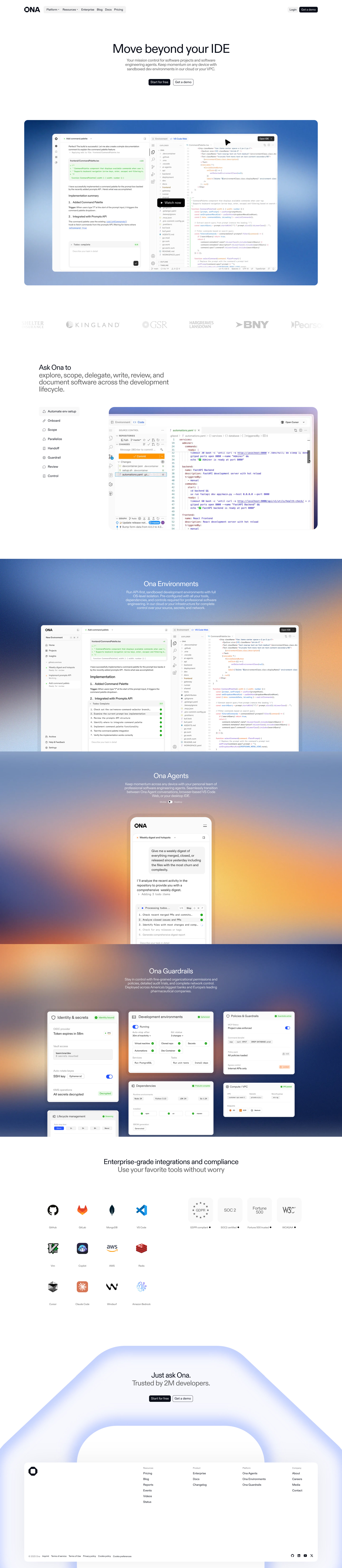 Ona Landing Page Example: Your mission control for software projects & software engineering agents. Keep momentum on any device with sandboxed dev environments in our cloud or your VPC.