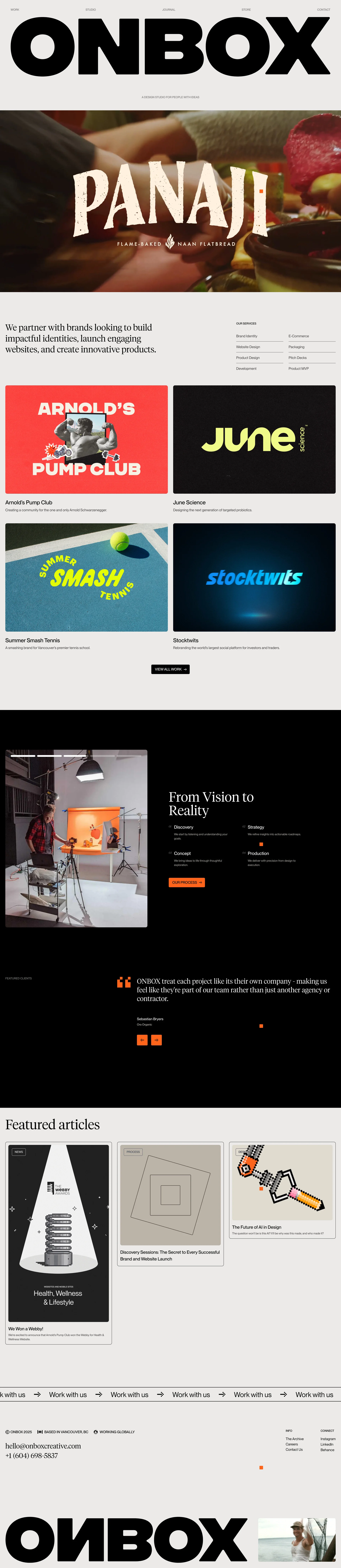 ONBOX Landing Page Example: ONBOX is a design agency based in Vancouver, BC. We partner with brands looking to build impactful identities, launch engaging websites, and create innovative products.