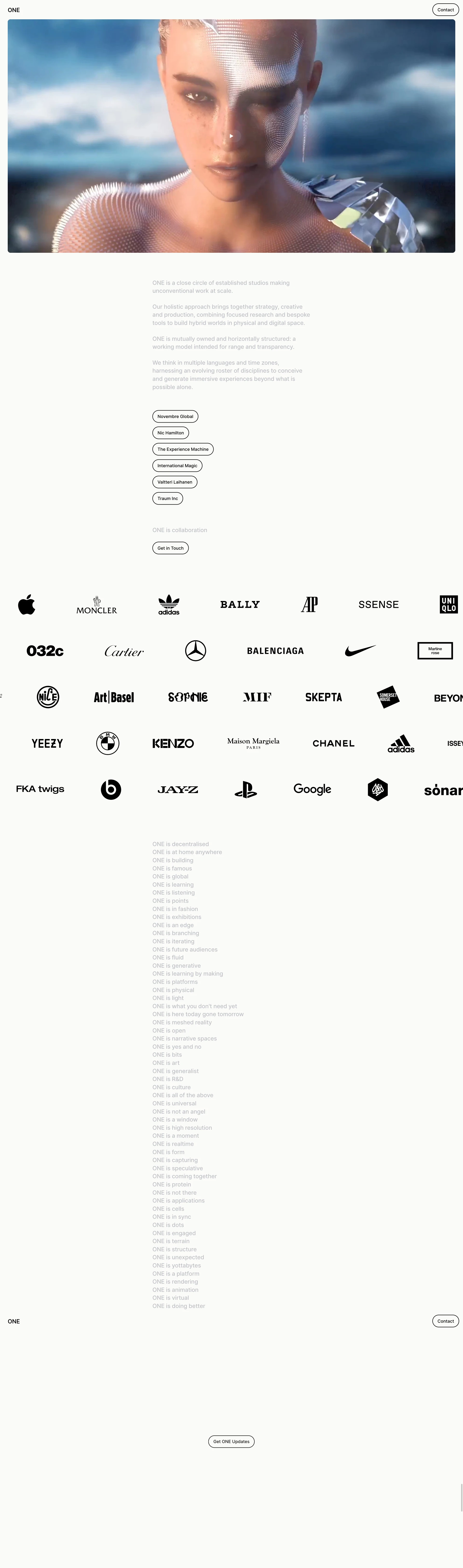 ONE Landing Page Example: ONE is a close circle of established studios making unconventional work at scale.