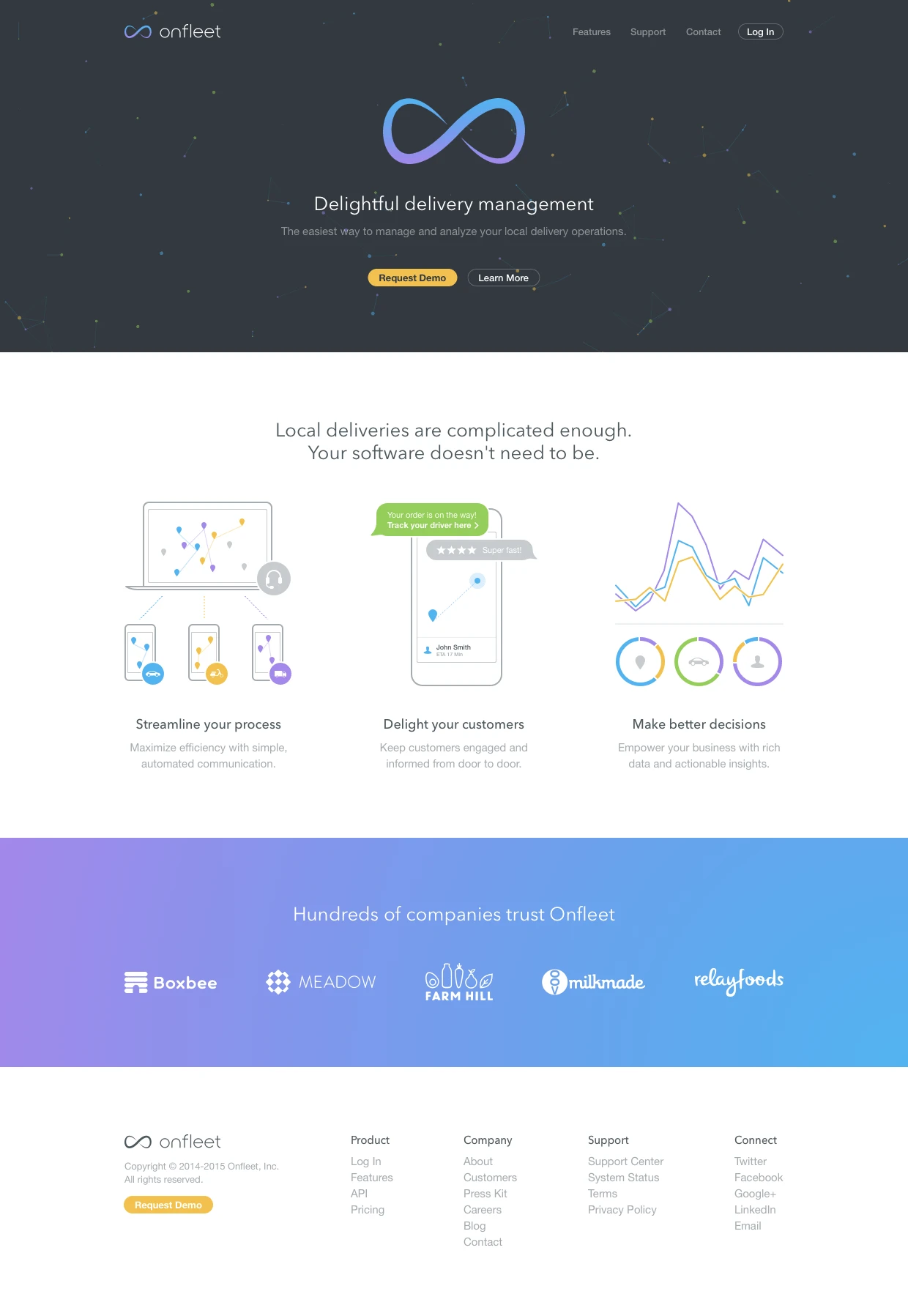 Onfleet Landing Page Example: Onfleet's delivery management software simplifies your local deliveries from start to finish, allowing you to focus more on what really matters.