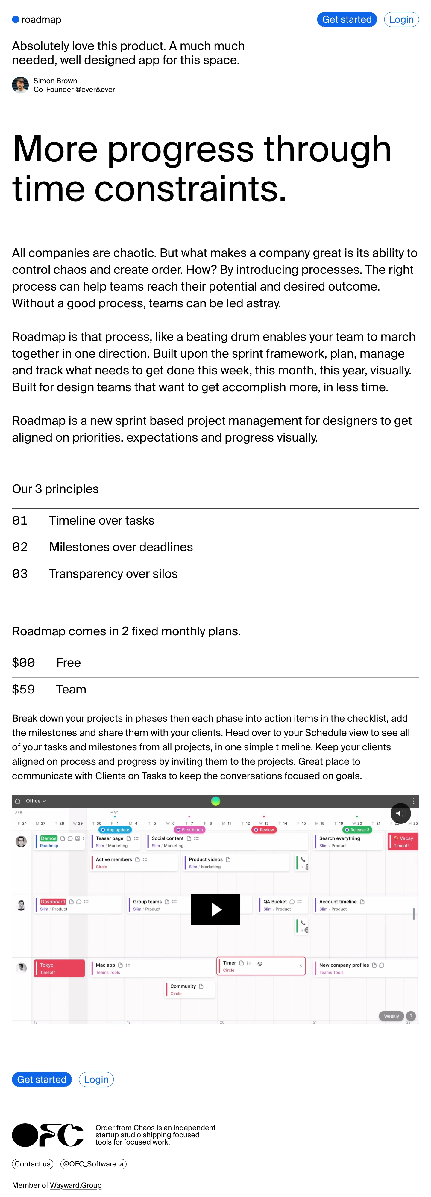 Roadmap Landing Page Example: Built for design teams who want to accomplish more, the right way. With Roadmap, your team will be aligned on priorities, expectations and progress.