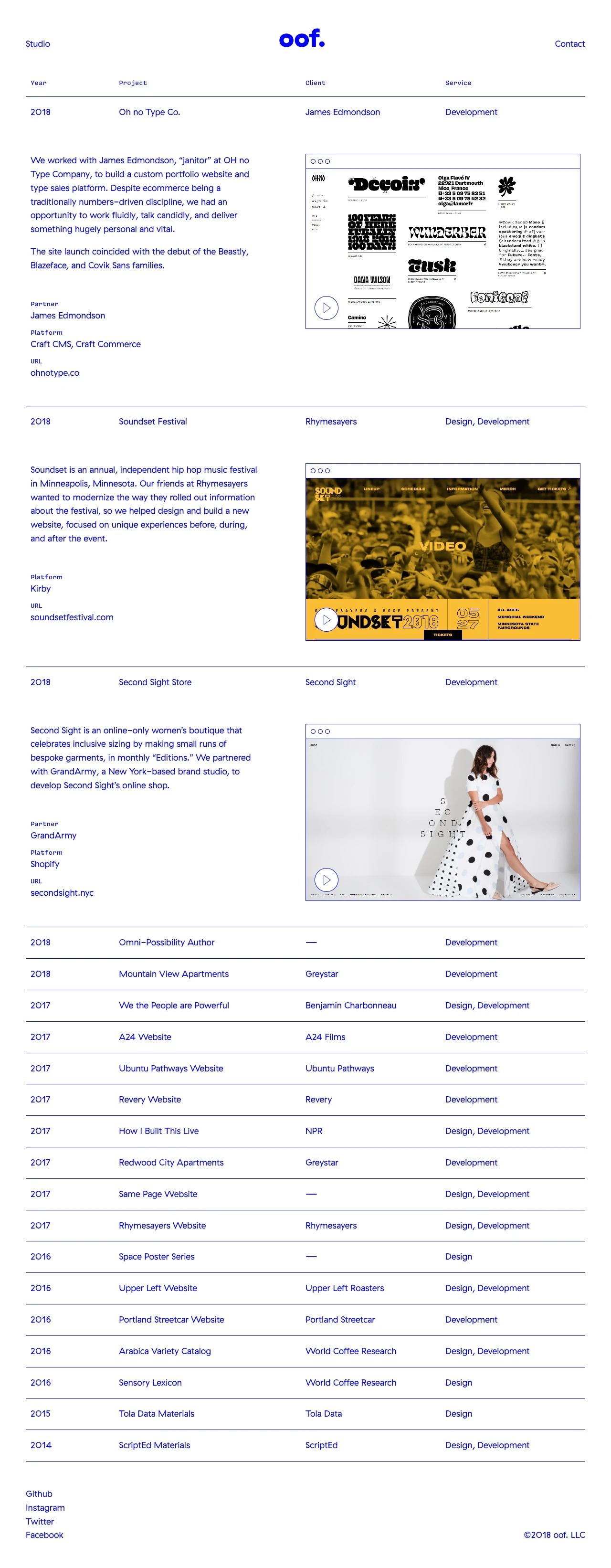 oof. Studio Landing Page Example: We are a Portland-based creative studio that specializes in the planning, design, and development of interactive experiences.