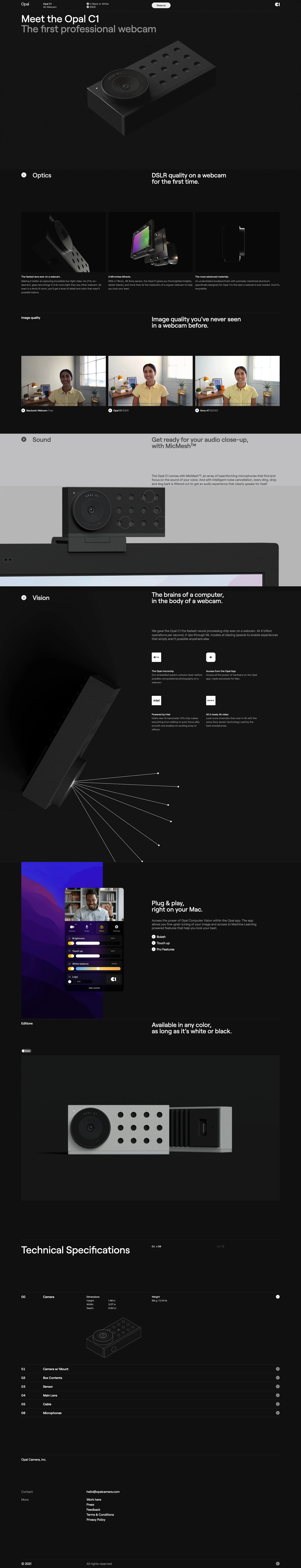 Opal Camera Landing Page Example: DSLR quality on a webcam for the first time. Image quality you've never seen in a webcam before.