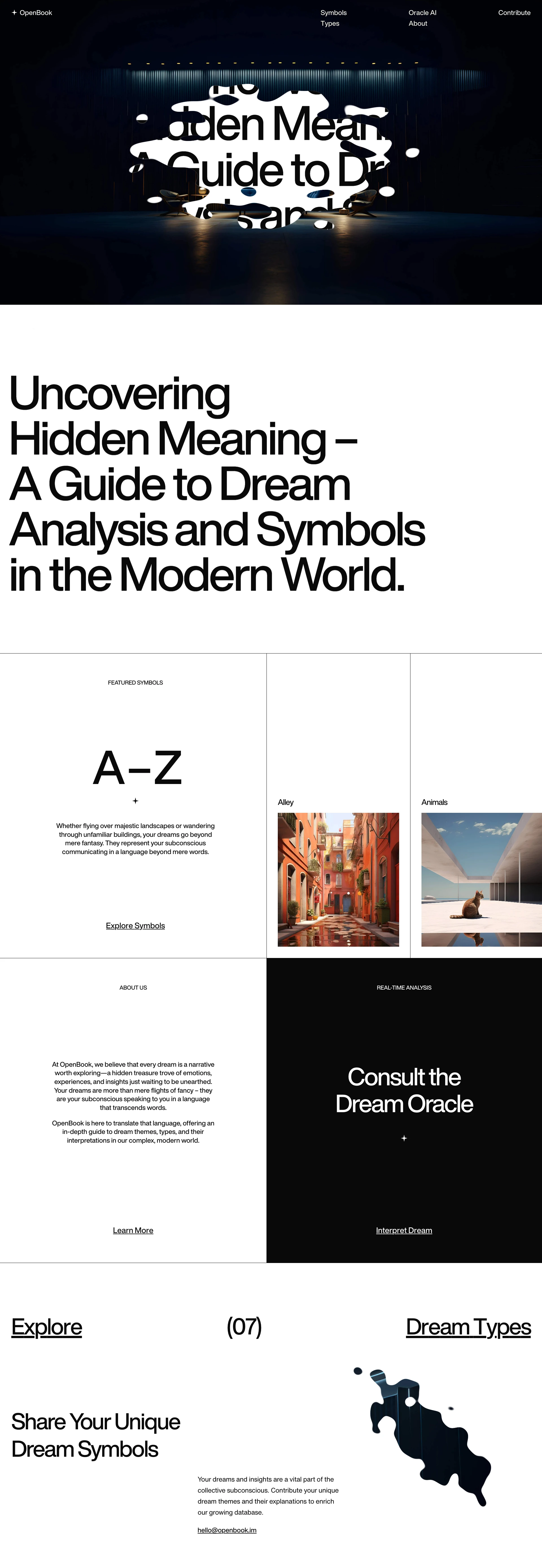 OpenBook Landing Page Example: AI powered online guide to aid interpretation of common themes and symbols that appear in dreams.