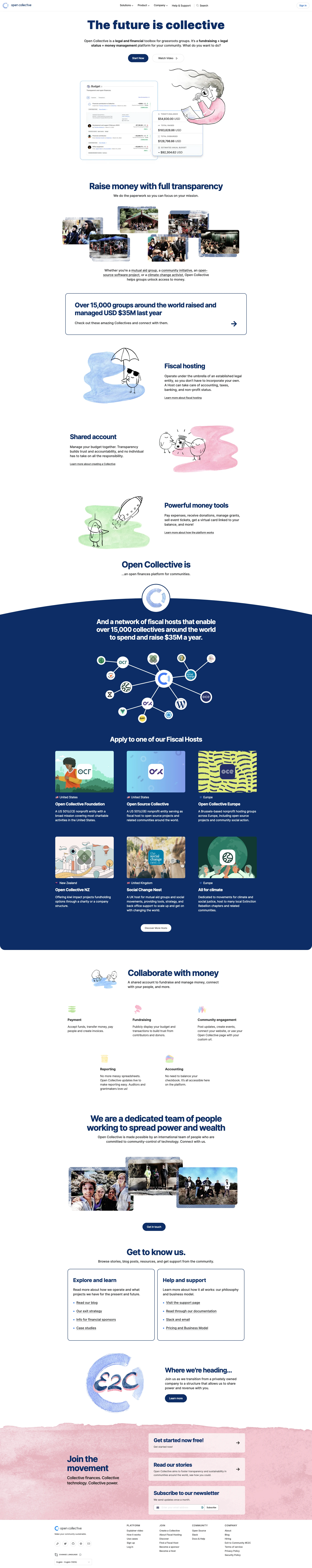Open Collective Landing Page Example: Raise and spend money with full transparency. Open Collective is a legal and financial toolbox for groups. It’s a fundraising + legal status + money management platform for your community. What do you want to do?