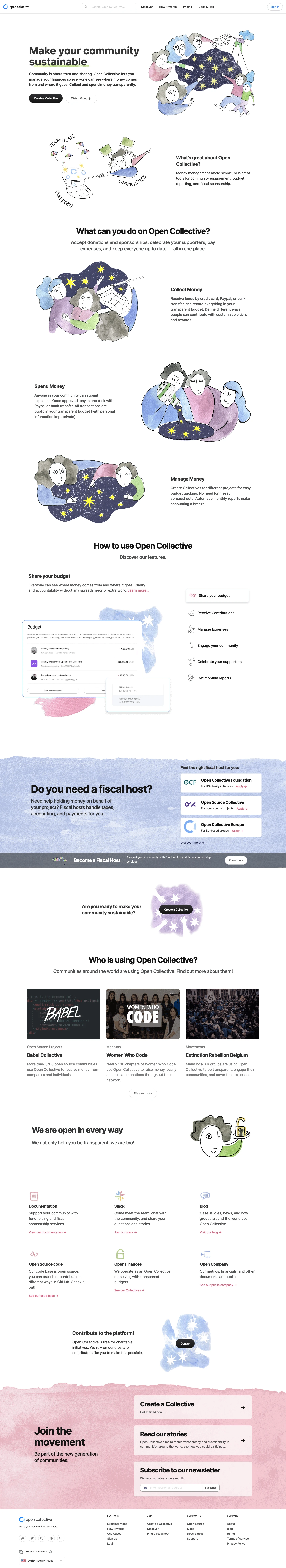 Open Collective Landing Page Example: Make your community sustainable. Collect and spend money transparently.