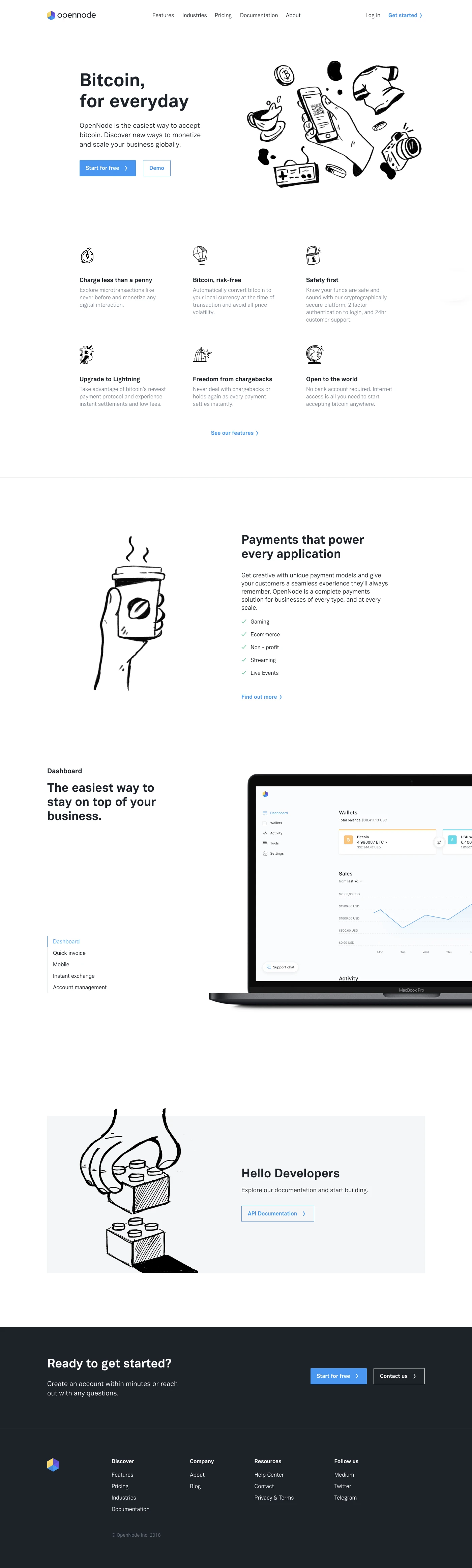 OpenNode Landing Page Example: The easy way to accept Bitcoin. Discover new ways to monetize and scale your business globally