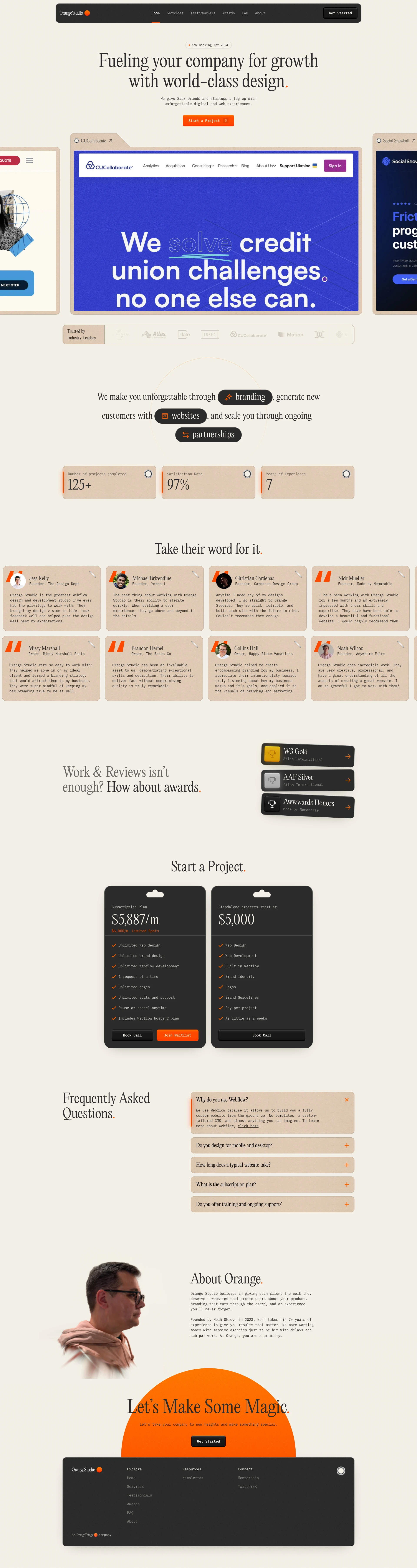 Orange Studio Landing Page Example: Fueling your company for growth with world-class design. We give SaaS brands and startups a leg up with unforgettable digital and web experiences.