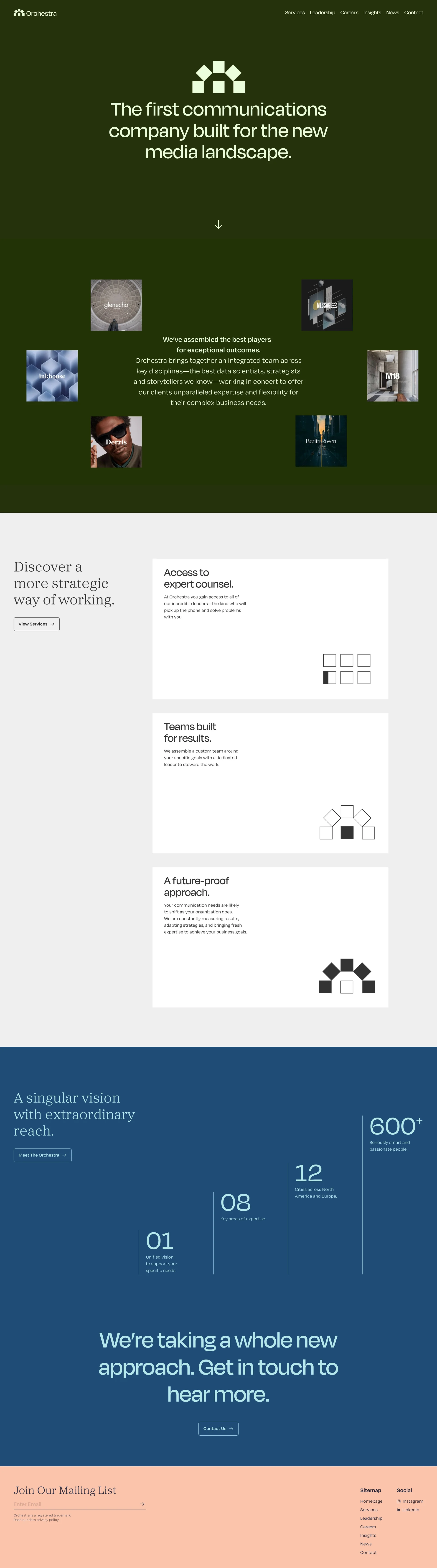 Orchestra Landing Page Example: Communications for the New Media Landscape. Contact Orchestra for unparralleled storytelling and strategy support expertise for your most complex communication needs.