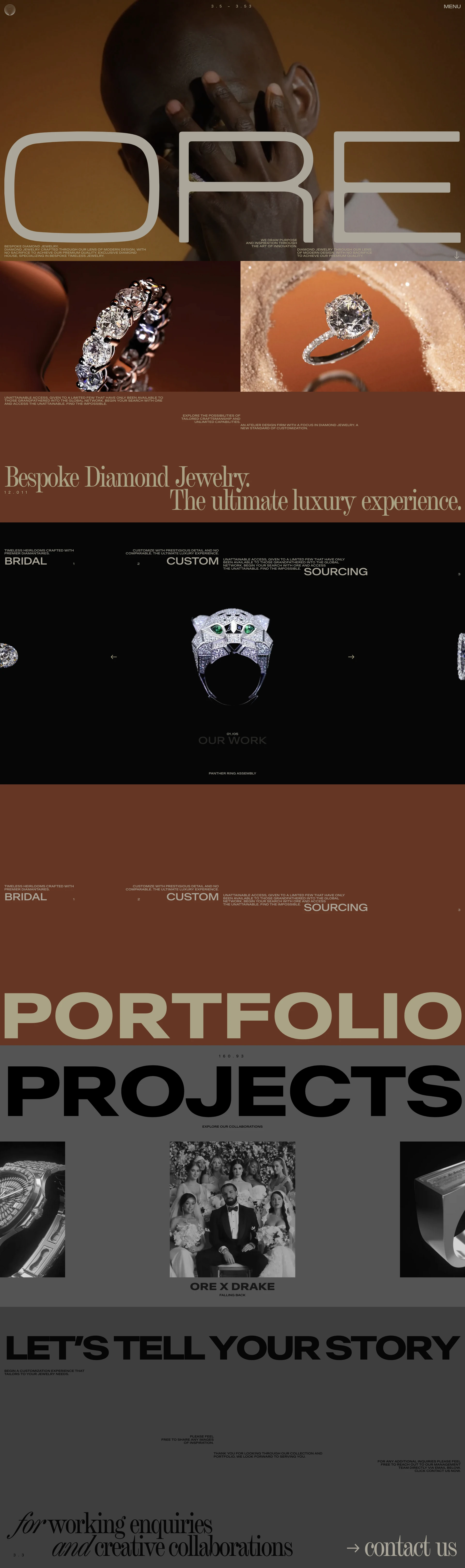 ORE Landing Page Example: Bespoke Diamond Jewelry. Diamond jewelry crafted through our lens of modern design, with no sacrifice to achieve our premium quality. Exclusive diamond house, specializing in bespoke timeless jewelry.
