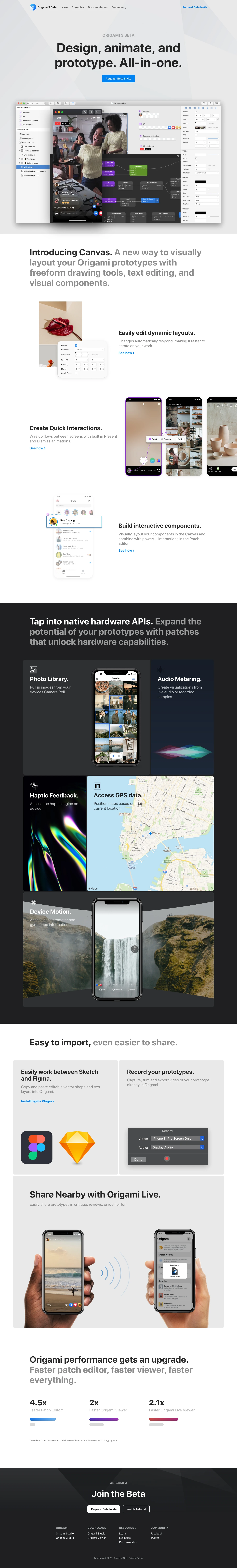 Origami 3 Beta Landing Page Example: Design, animate, and prototype. All-in-one. With a new canvas interface, dynamic layout, Figma & Sketch support and a ton of peformance improvements and new patches.