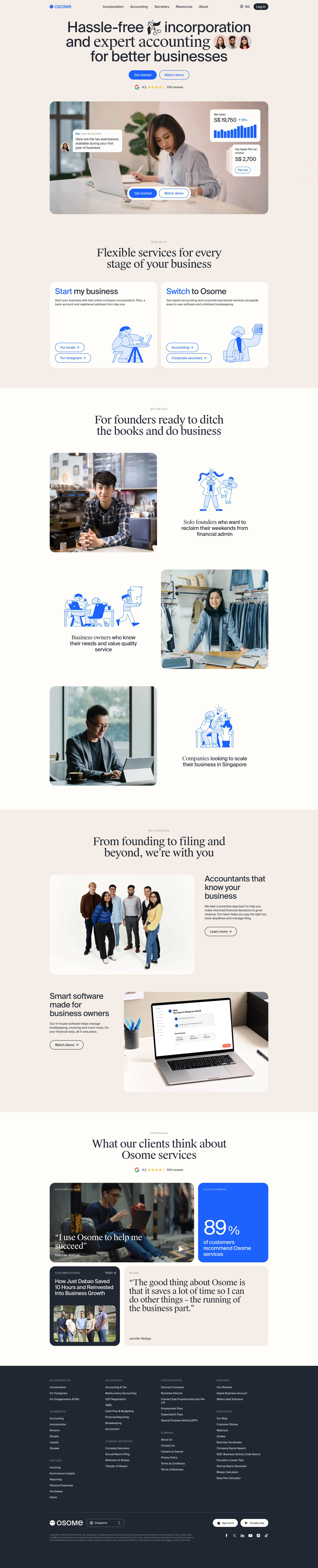 Osome Landing Page Example: Hassle-free incorporation and expert accounting for better businesses. Osome helps foreign and Singaporean entrepreneurs to manage their businesses. Register and get your new company operational with our certified agents backed by modern technology.
