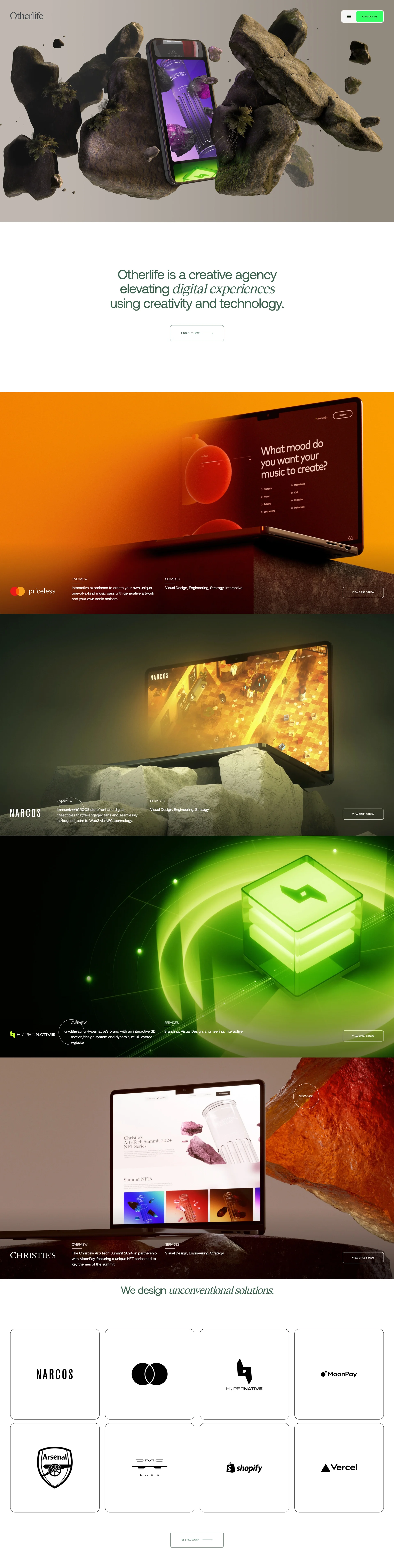 Otherlife Landing Page Example: Otherlife is a creative agency building unconventional solutions at the forefront of brand, digital design, web experience and engineering.