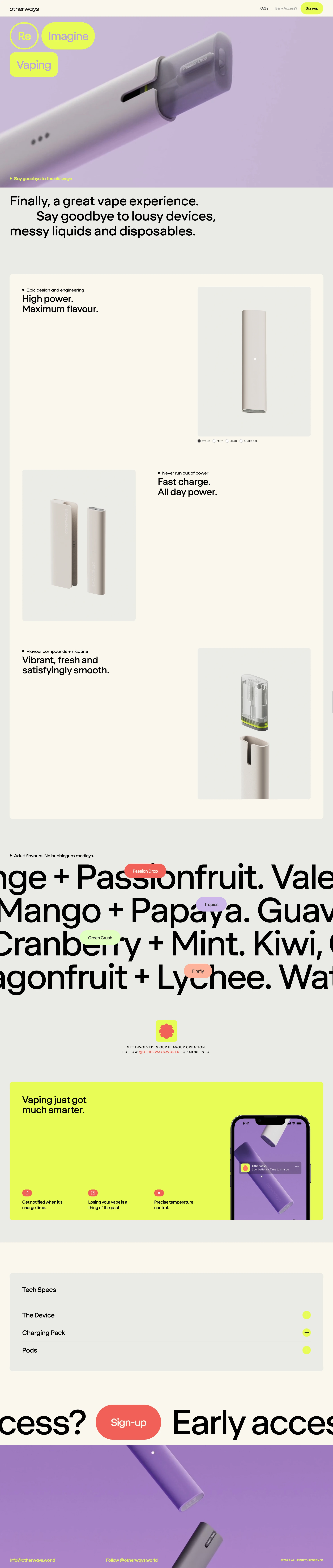Otherways Landing Page Example: Finally, a great vape experience. Say goodbye to lousy devices, messy liquids and disposables.