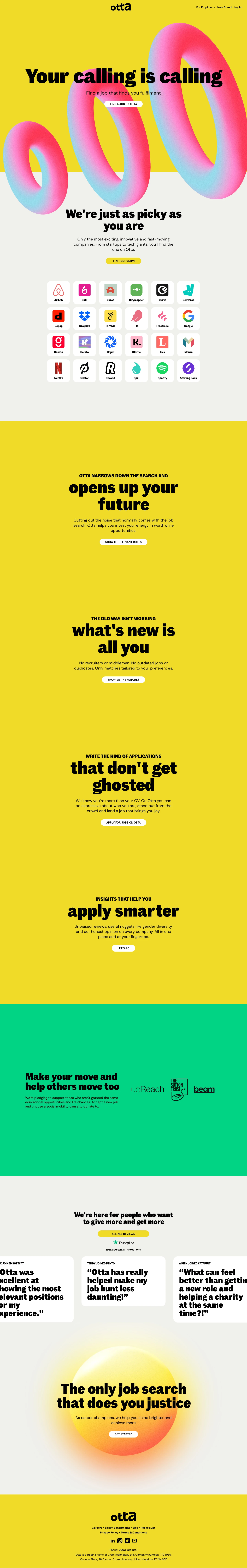 Otta Landing Page Example: The only job search that does you justice. Only matches tailored to your preferences. Only the most exciting, innovative and fast-moving companies.