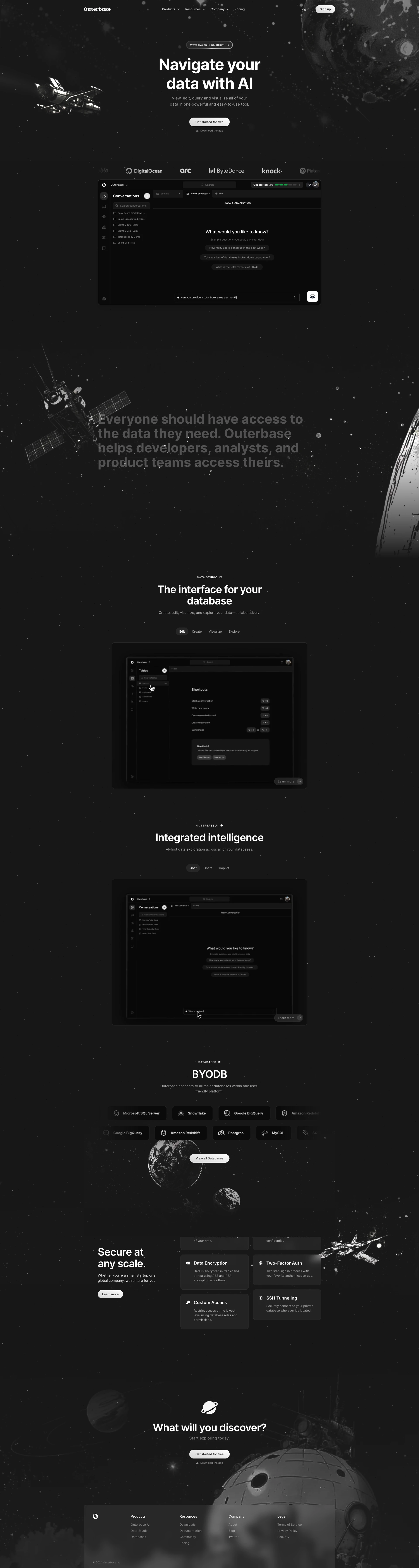 Outerbase Landing Page Example: Navigate your data with AI. Effortlessly manage and explore your database with AI, no expertise needed. Collaborate seamlessly for a smarter data experience.