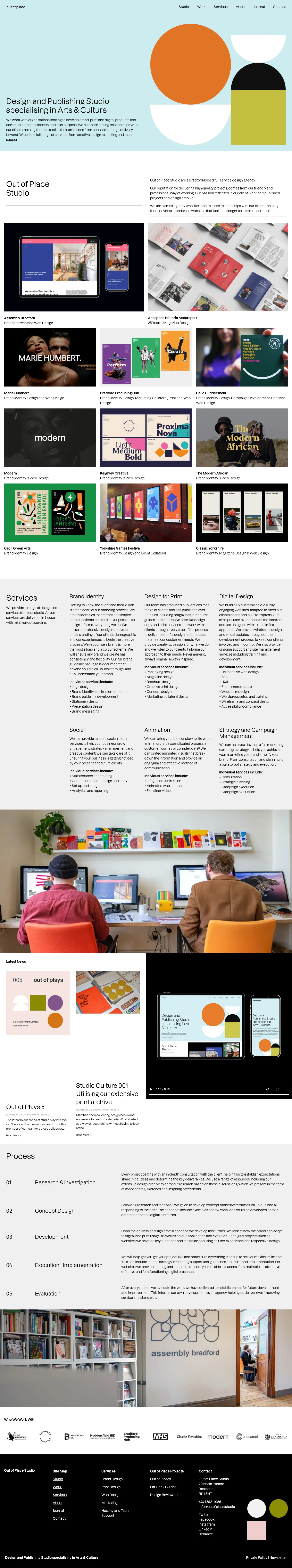 Out of Place Studio Design Landing Page Example: Northern Design and Publishing Studio specialising in Arts & Culture. Devloping brands, designing print and building websites.