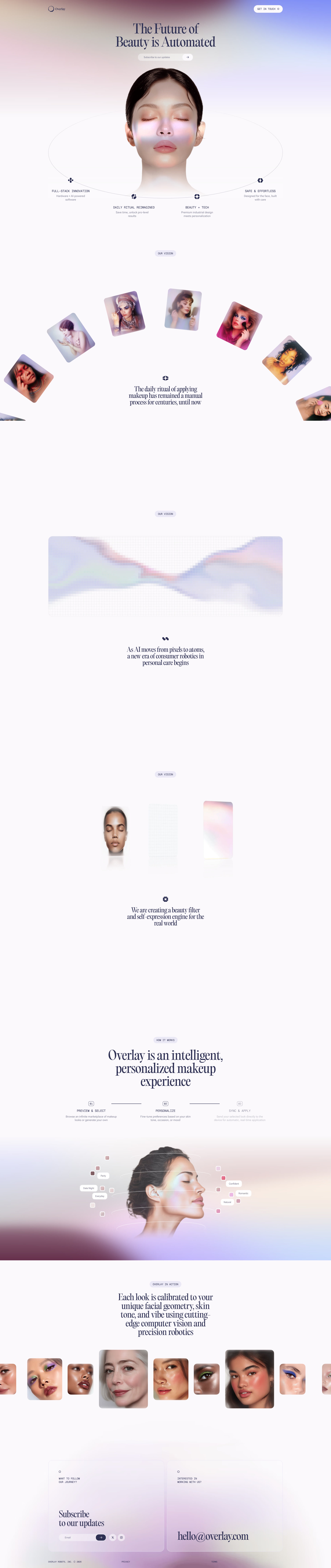 Overlay Landing Page Example: At Overlay we're using precision robotics and computer vision technology to build beauty automation.