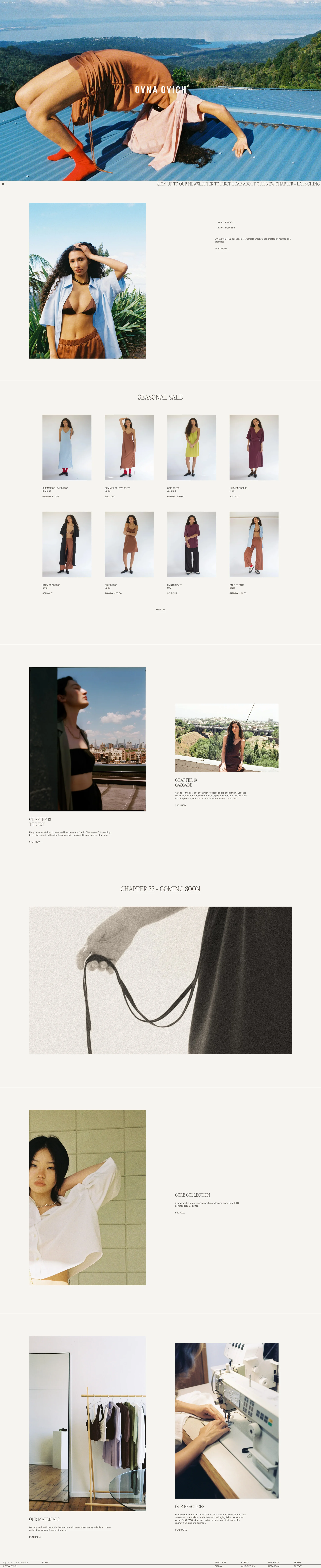 OVNA OVICH Landing Page Example: A clothing story created through harmonious practises. From the beginning, OVNA OVICH has been devoted to creating pieces of nonchalant elegance for the modern, conscious wearer. 