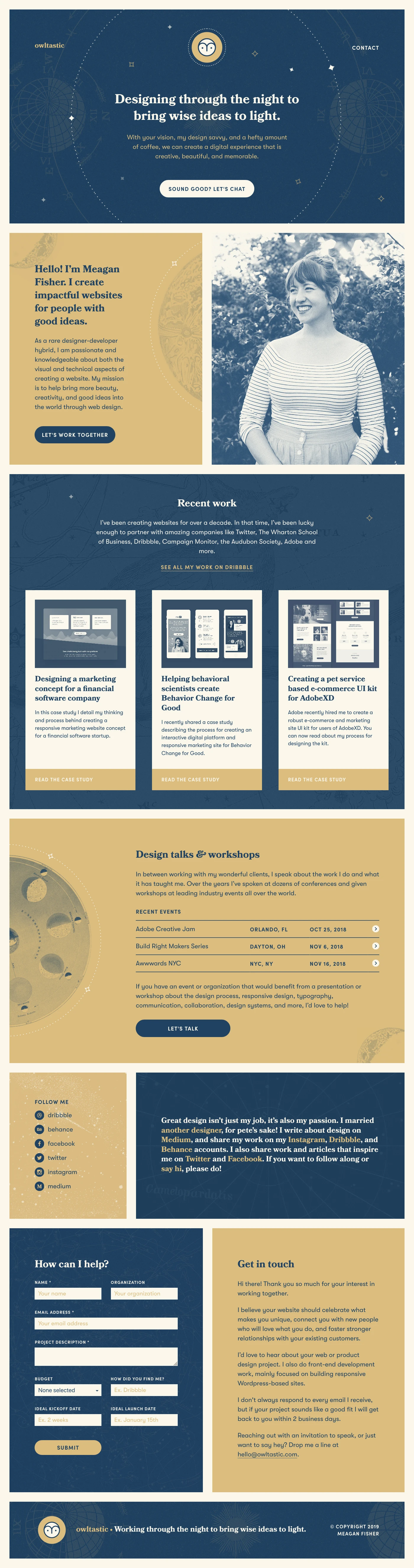 Owltastic Landing Page Example: Designing through the night to bring wise ideas to light. With your vision, my design savvy, and a hefty amount of coffee, we can create a digital experience that is creative, beautiful, and memorable.