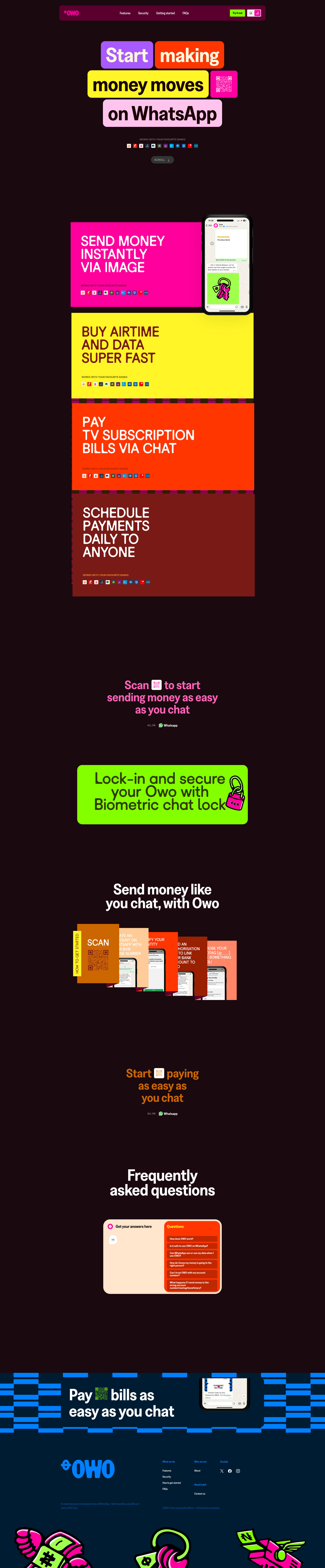 OWO Landing Page Example: OWO is a fast and secure way to pay using your bank account on WhatsApp. Enjoy free transfers and earn rewards on payments.