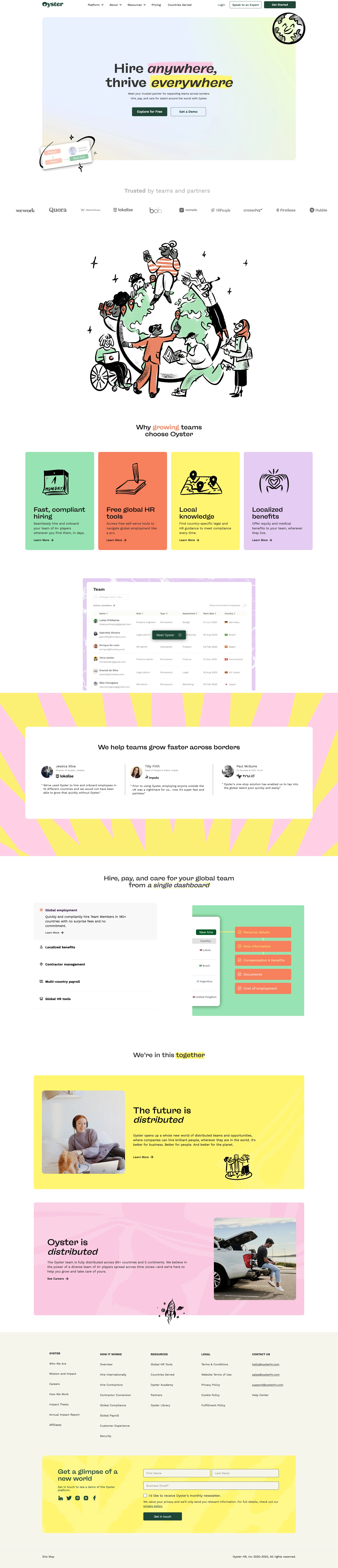 Oyster Landing Page Example: Hire anywhere, thrive everywhere. Meet your trusted partner for expanding teams across borders. Hire, pay, and care for talent around the world with Oyster.