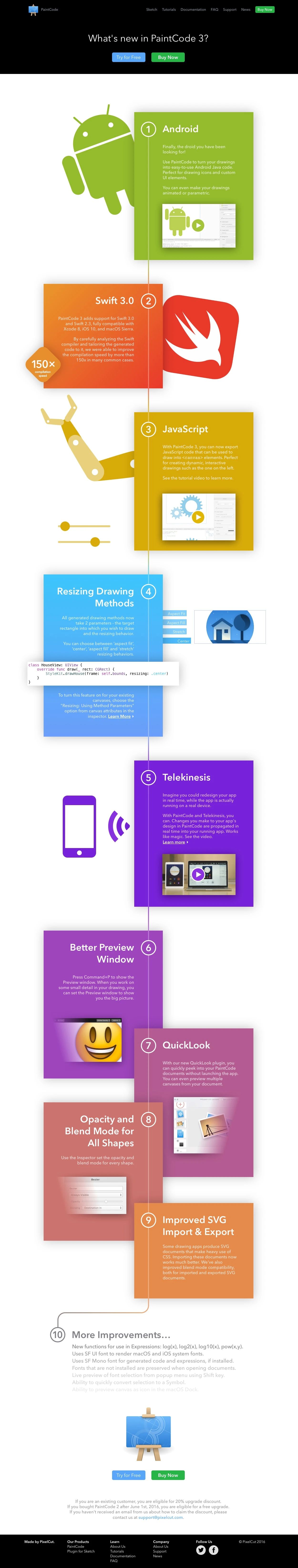 PaintCode 3 Landing Page Example: PaintCode is a unique vector drawing app that generates Objective-C or Swift code in real time, acting as a bridge between developers and graphic designers.