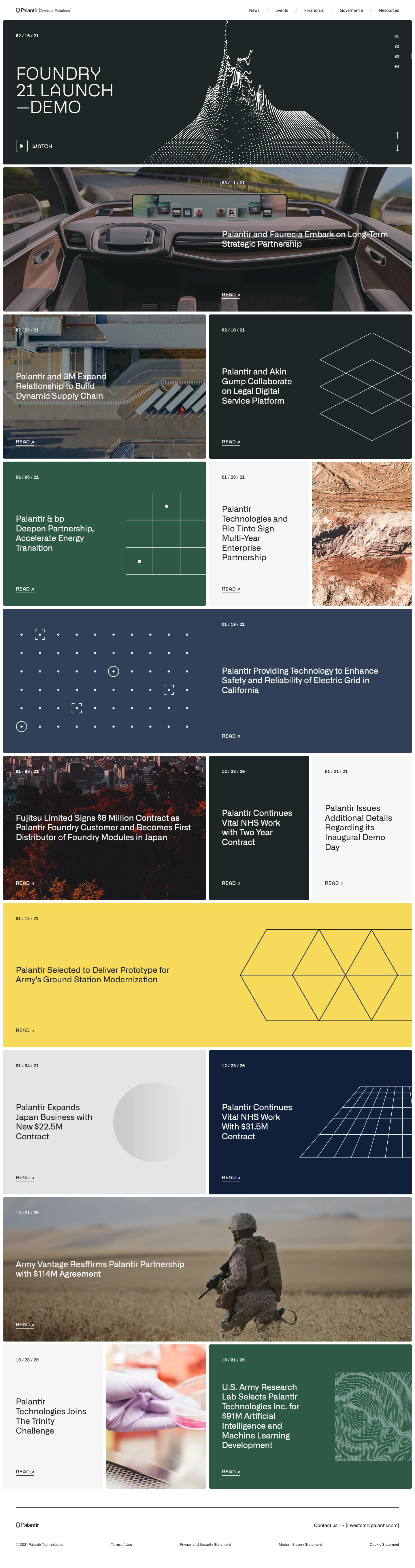 Palantir IR Landing Page Example: Palantir builds and deploys operating systems for the modern enterprise.
