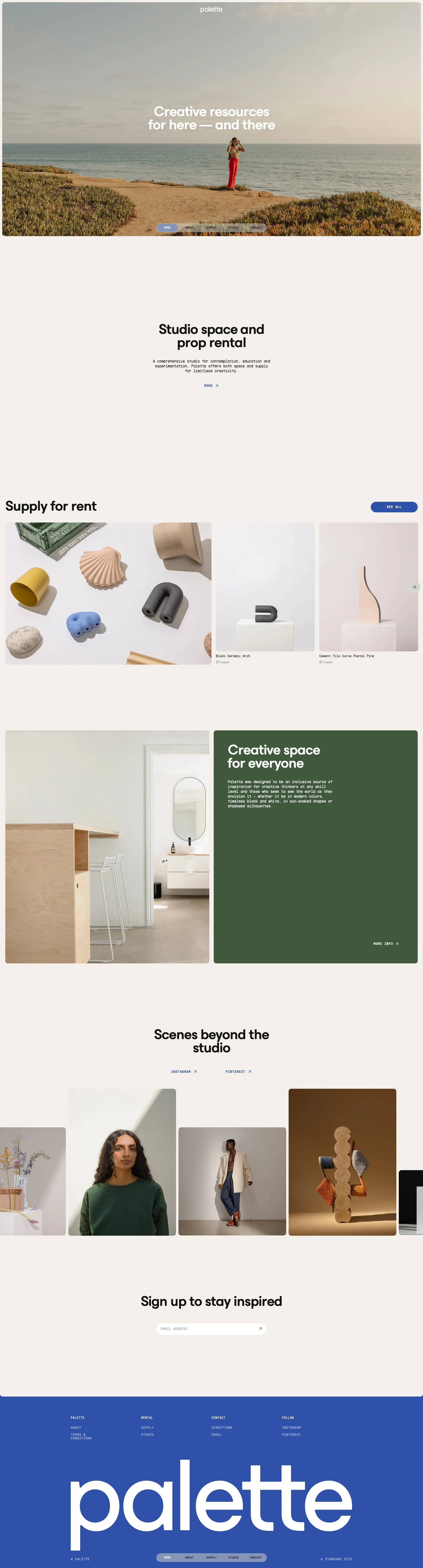 Palette Supply Landing Page Example: A comprehensive studio for contemplation, education and experimentation, Palette offers both space and supply for limitless creativity.