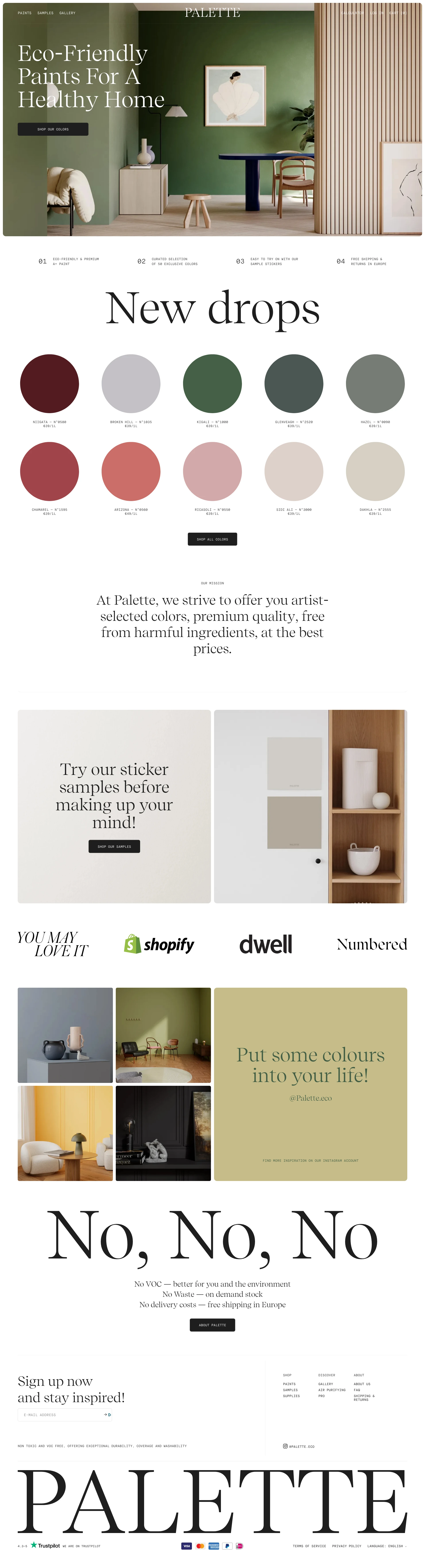 Palette Landing Page Example: Sustainable, collorfull and VOC free paints for a modern interior.