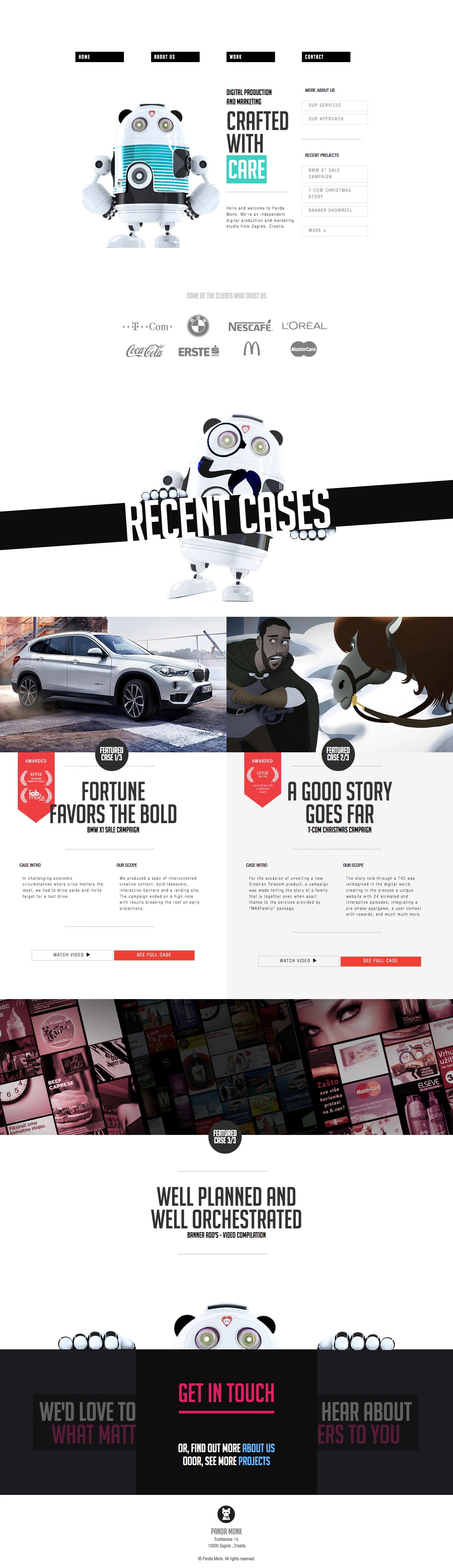 Panda Monk Landing Page Example: Hello stranger. We're an independent digital marketing studio from Zagreb, Croatia. We cover a rounded package of services, including digital strategy and planning, UX analysis and design, web and app development, media planning and performance optimization.