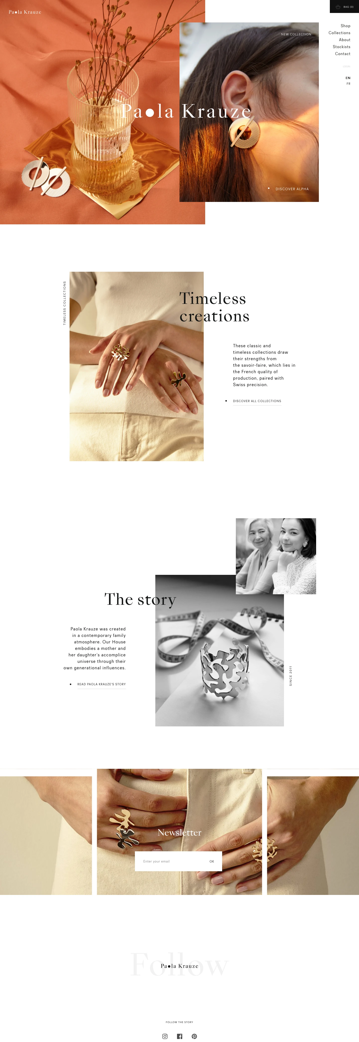 Paola Krauze Landing Page Example: Paola Krauze's collections are bright and contemporary. They showcase graphic interpretation of the jewelry’s classic fundamentals, drawing from the one's experience and the other's daring of youth.