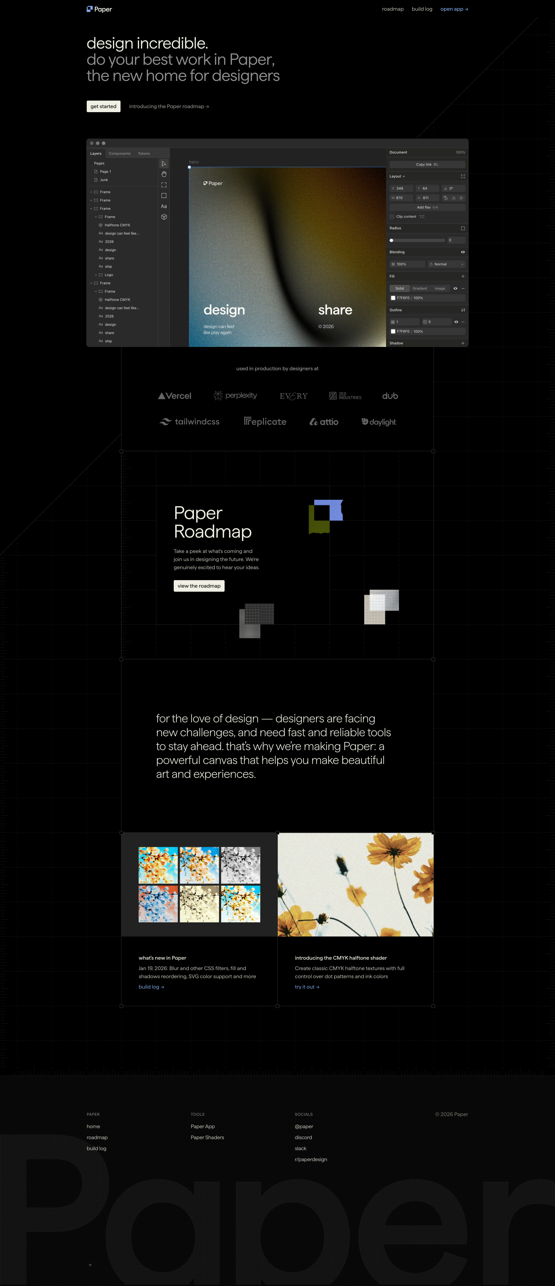 Paper Landing Page Example: Paper is a modern and powerful design tool that helps you create, share, and ship your best work.