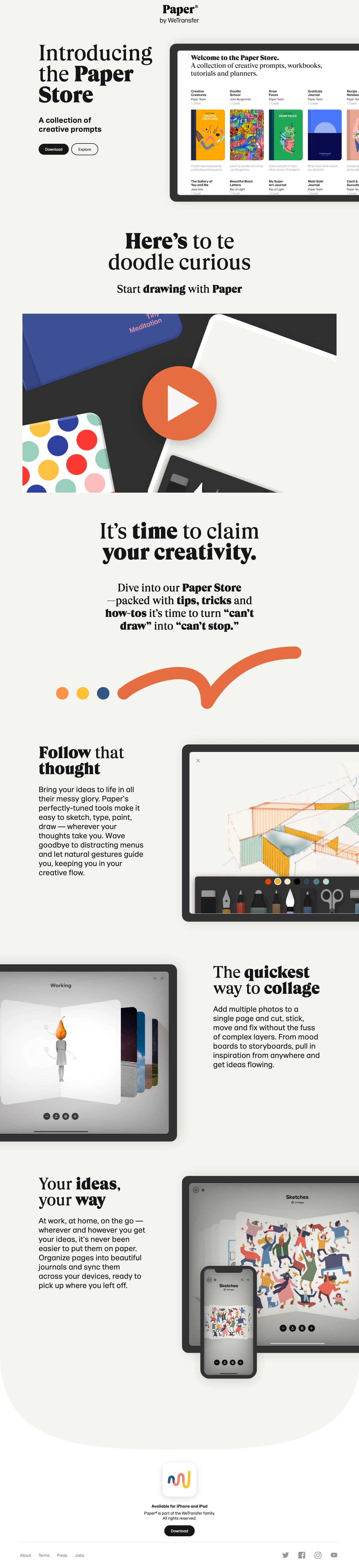 Paper by WeTransfer Landing Page Example: Paper® is the immersive sketching app for capturing ideas anywhere. Beloved by 25 million people who sketch, handwrite notes, draft, diagram, and give form to their ideas.